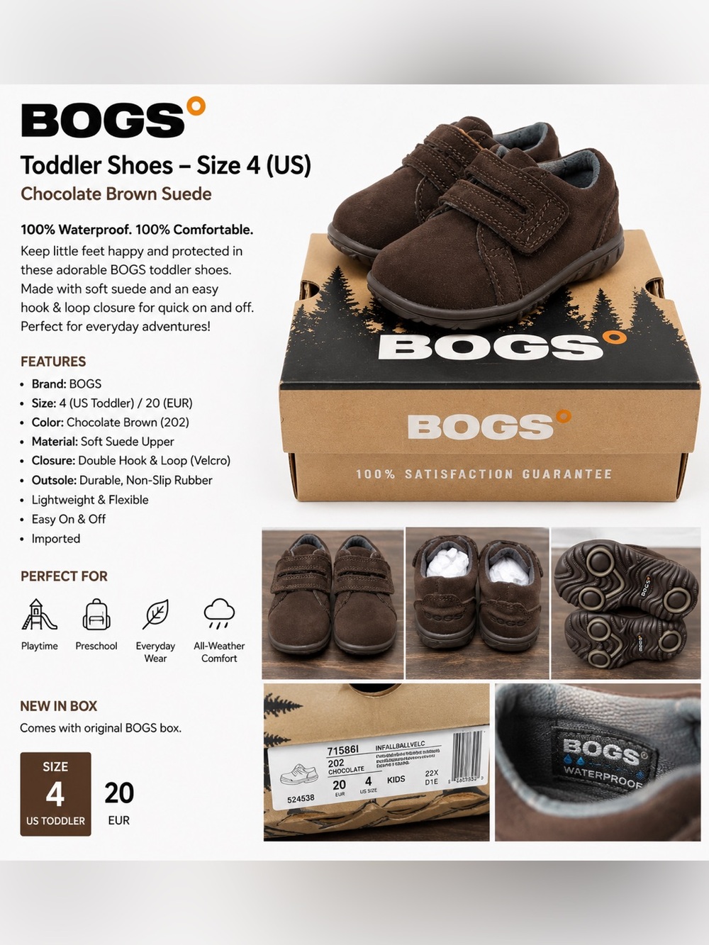 BOGS Toddler Shoes Size 4 Brown Suede Hook & Loop Casual Comfort Shoes